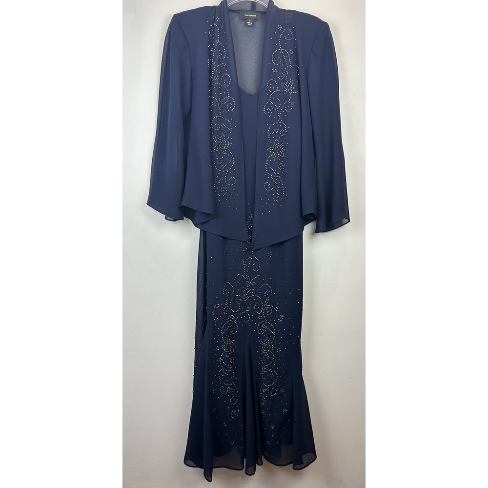R M Richards Dress Jacket Womens 8 Navy Mermaid Beaded 2 Piece Wedding Event